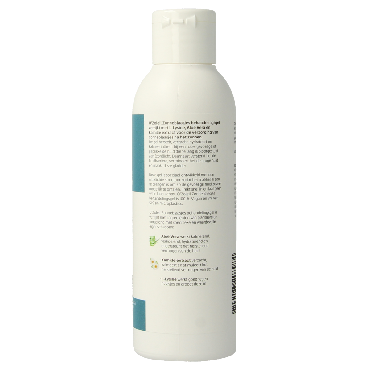 O' Zoleil zonneblaasjes behandelingsgel 125ml, soothing gel for sun-exposed skin, in a clear tube with a white cap.