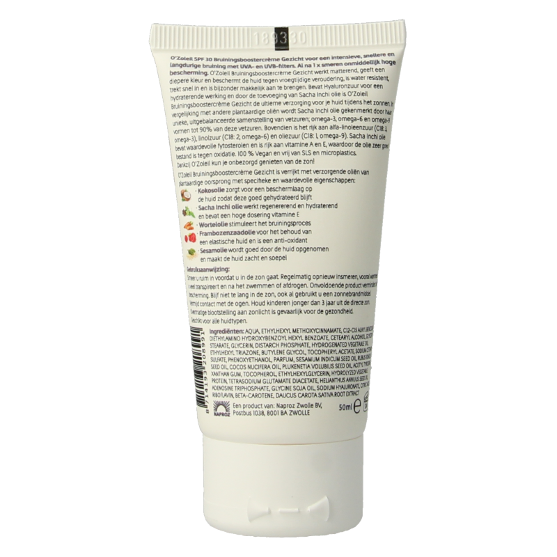 O' Zoleil Bruiningsboostercreme gezicht SPF30, 50ml, tanning booster cream with sun protection, in a white and orange tube.