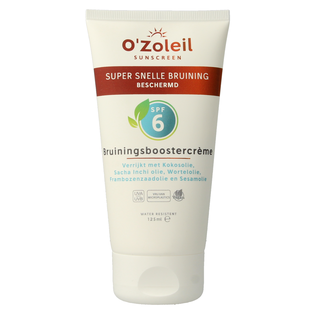 O' Zoleil Bruiningsbooster creme SPF6 in 125ml tube, sun protection zonnebrand cream with natural ingredients, visible packaging.