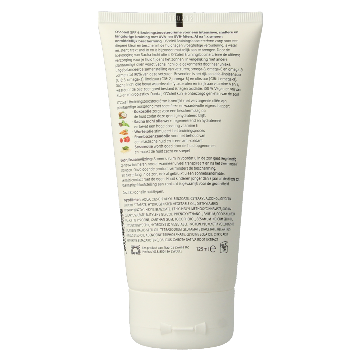 O' Zoleil Bruiningsbooster creme SPF6 sun protection cream in 125ml, featuring a smooth, golden-brown texture with a pump dispenser.