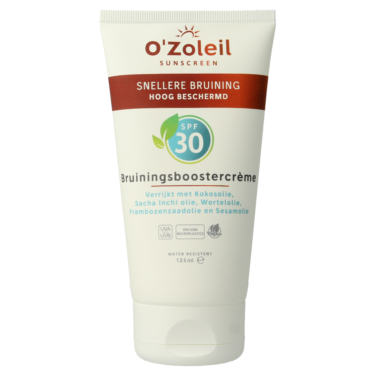 O' Zoleil Bruiningsbooster crème SPF30 sun cream in a 125ml tube, designed for skin protection and tanning support.