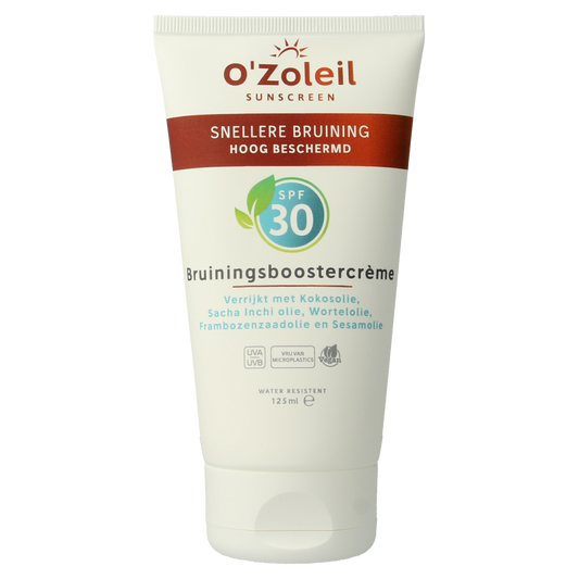 O' Zoleil Bruiningsbooster crème SPF30 sun cream in a 125ml tube, designed for skin protection and tanning support.