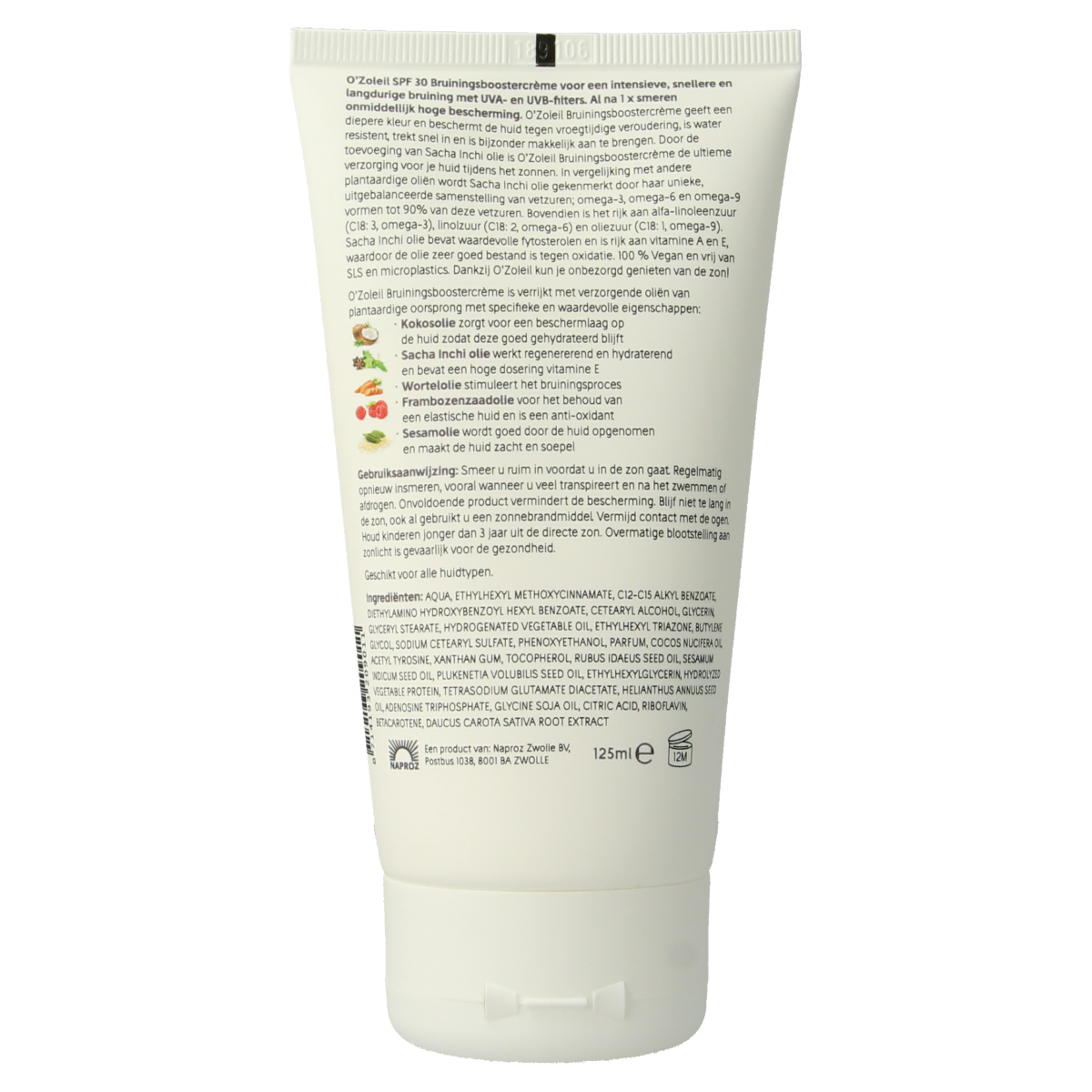 O' Zoleil Bruiningsbooster SPF30 sun cream in 125ml tube, designed for sun protection and skin bronzing.