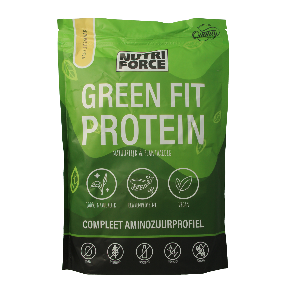 Nutriforce Green Fit Vanille protein powder in 700g container, sportvoeding supplement with vanilla flavor and green label design.
