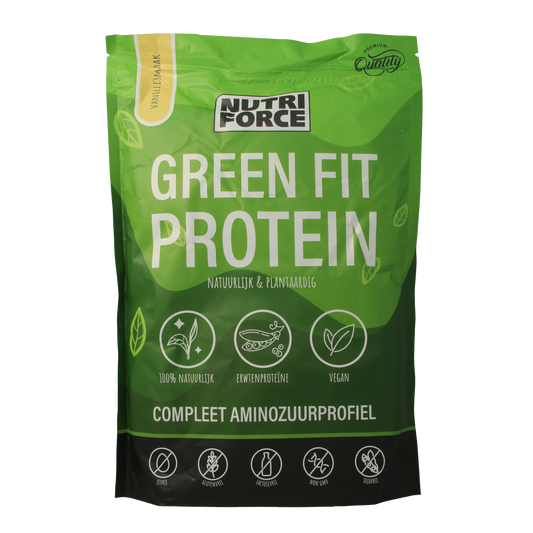 Nutriforce Green Fit Vanille protein powder in 700g container, sportvoeding supplement with vanilla flavor and green label design.