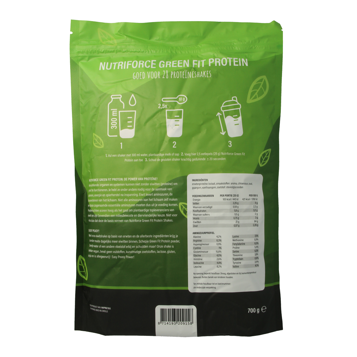 Nutriforce Green Fit Vanille protein powder in 700g container, sport nutrition supplement for muscle recovery and fitness.