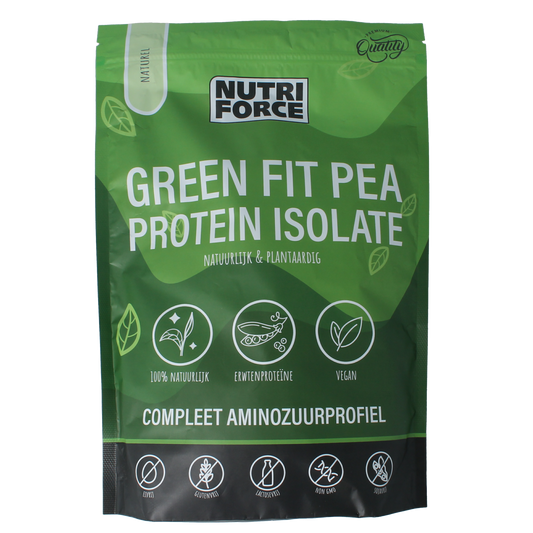Nutriforce Green Fit pea protein powder in 700g container, sport nutrition supplement with green pea ingredients.