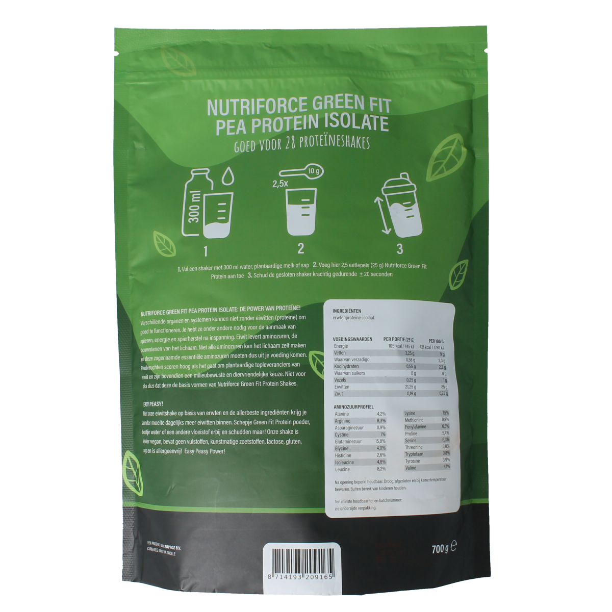 Nutriforce Green Fit pea protein powder in 700g container, sports nutrition supplement with green label and scoop visible.