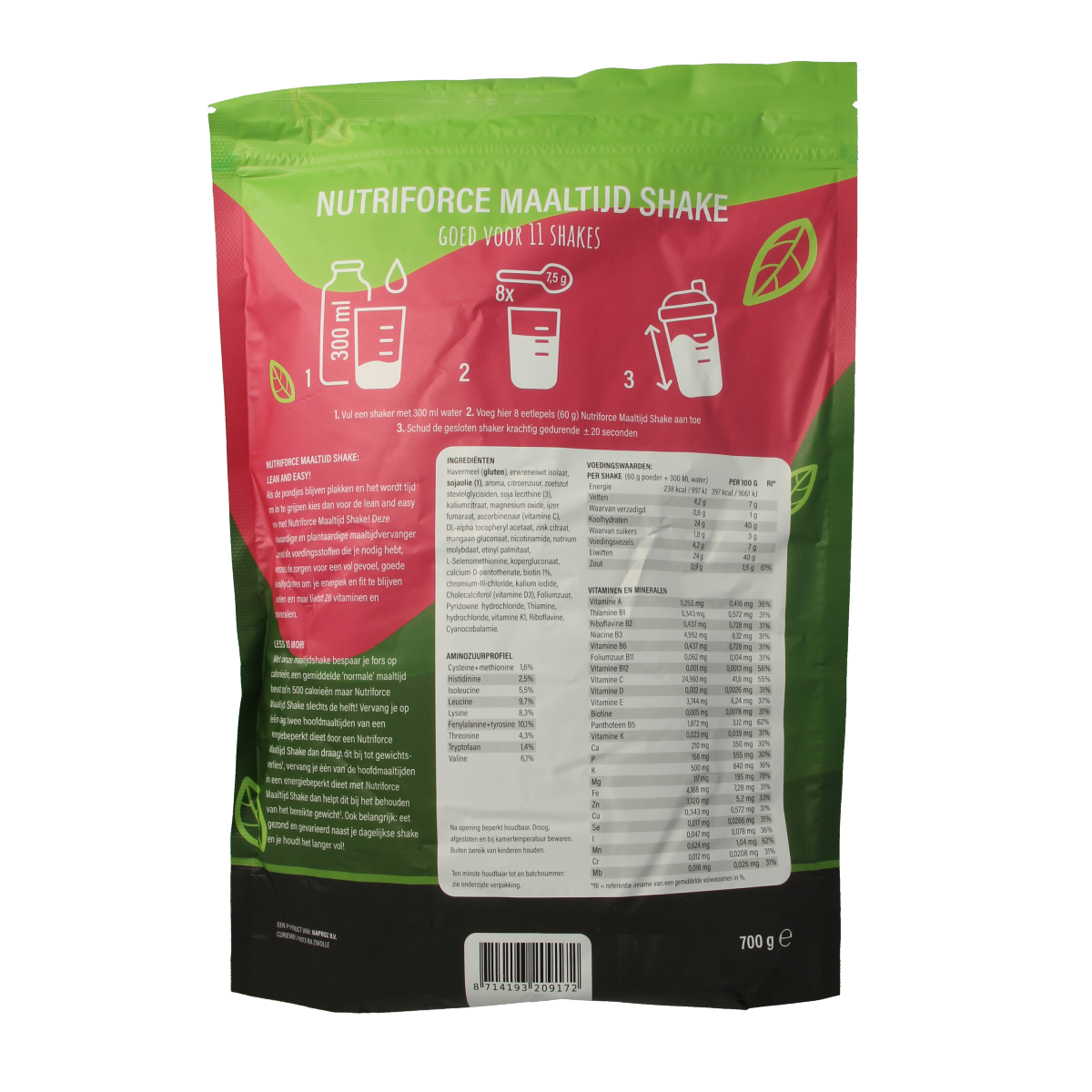 Nutriforce maaltijdshake 700g in a clear bottle, showing creamy vanilla flavor with nutrition label on the front.