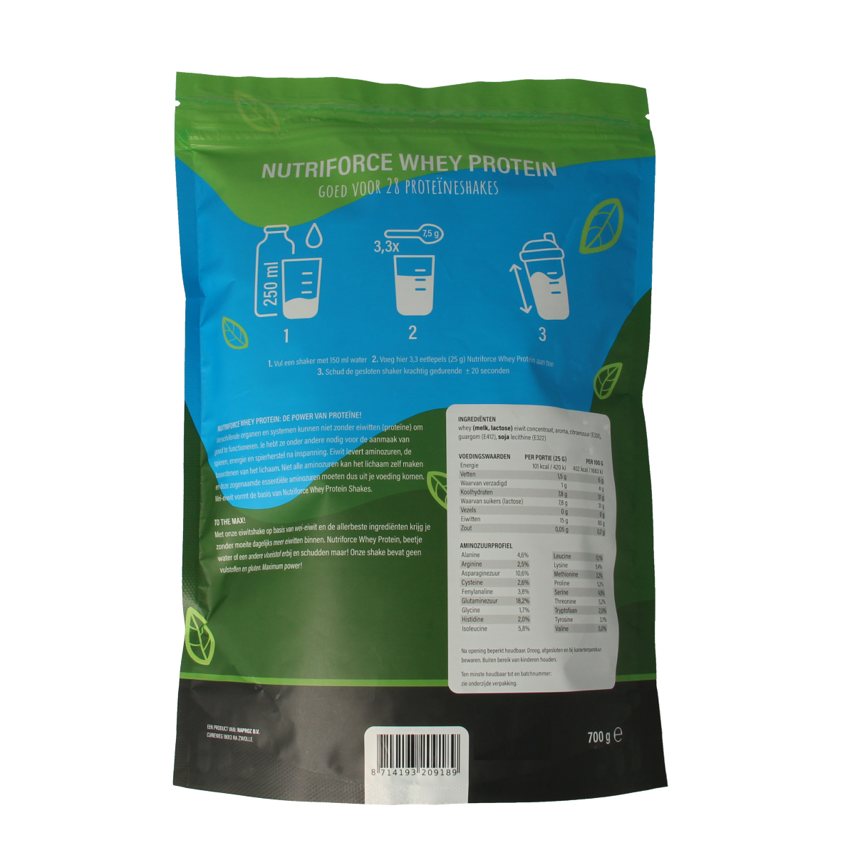 Nutriforce Whey Protein 700g container with amino acids supplement, featuring the product label and nutritional info.