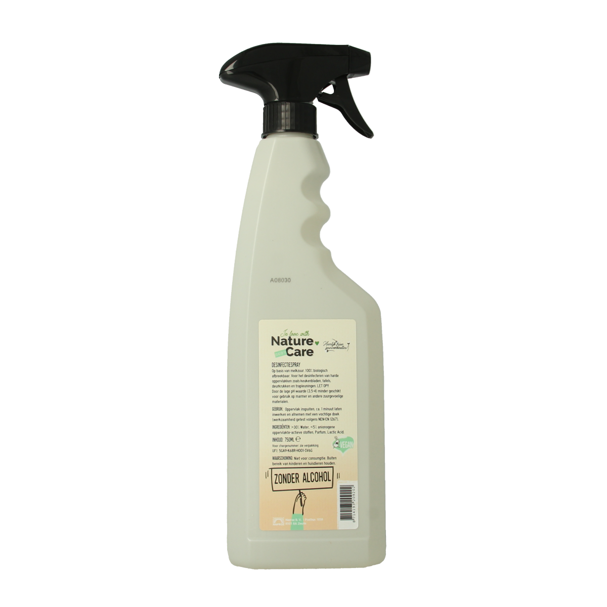 Nature Care Desinfectiespray 750ml spray bottle for cleaning and disinfecting surfaces, part of Nature Care cleaning products.