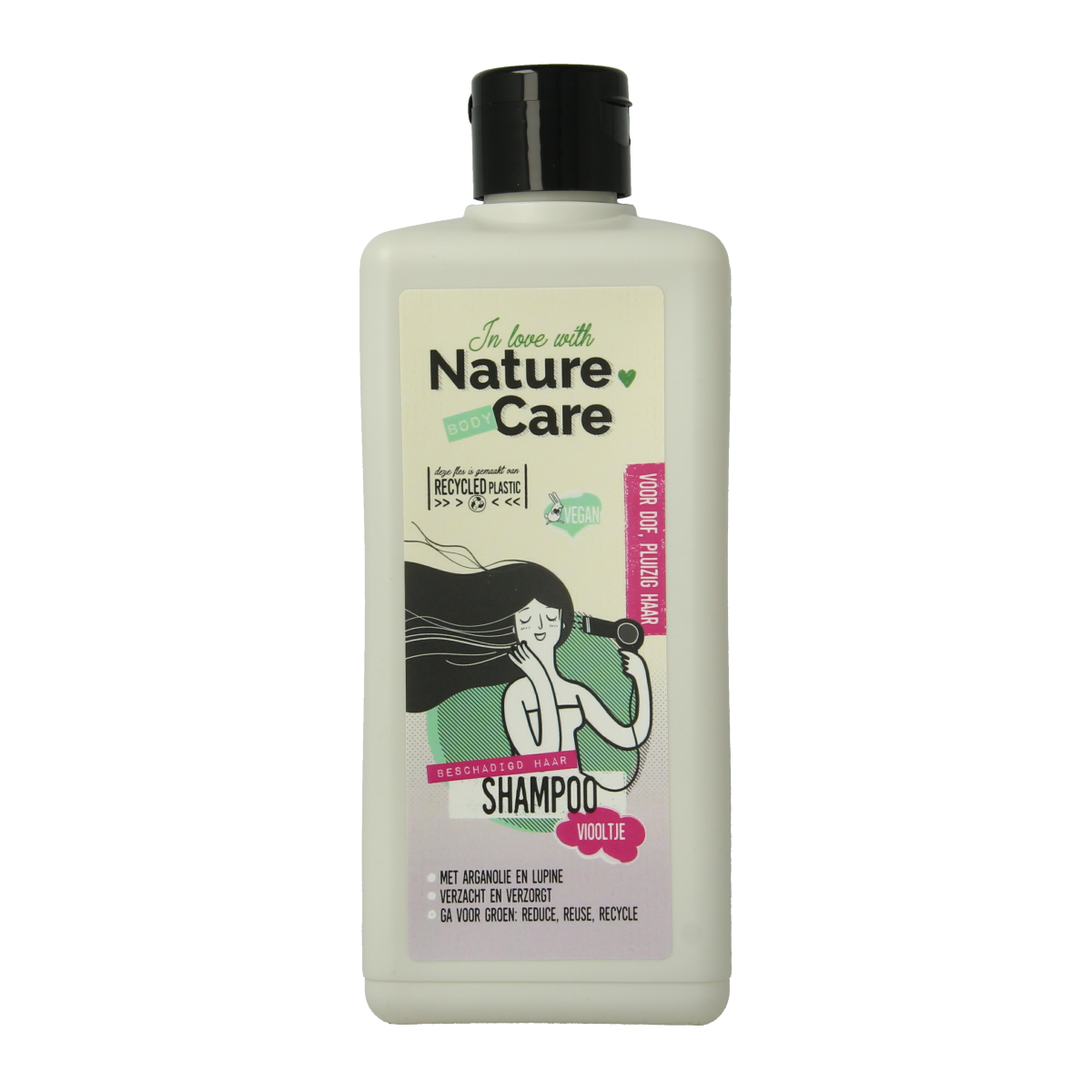Nature Care shampoo for damaged hair in a 500ml bottle, featuring natural hair care ingredients and gentle cleansing.