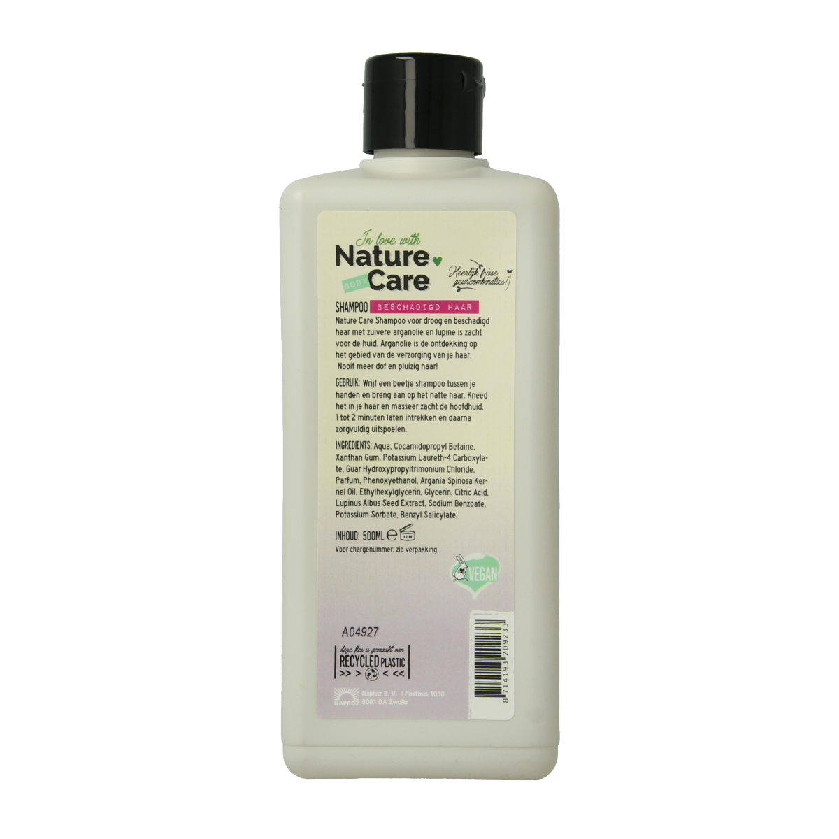 Nature Care Shampoo for damaged hair, 500ml, in a white bottle with a green label, suitable for nourishing and repairing hair.