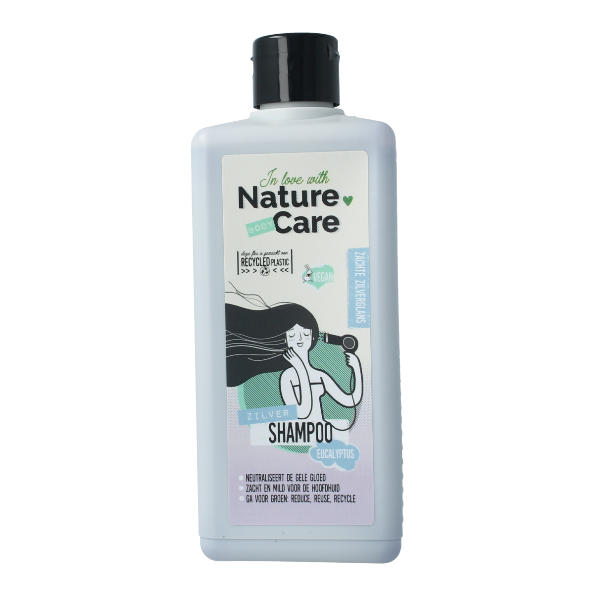 Nature Care Silver Shampoo in 500ml bottle, nourishing hair care product with a sleek design, suitable for maintaining hair health.