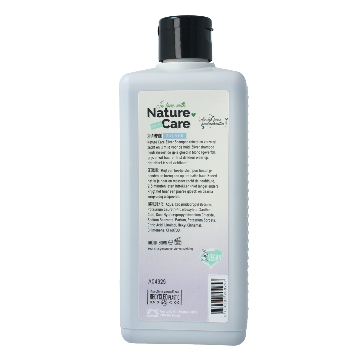 Nature Care Silver Shampoo 500ml for hair care, featuring silver-infused formula in a sleek bottle.