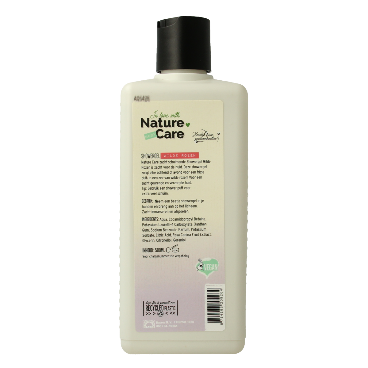 Nature Care Wilde Rozen shower gel bottle, 500ml, for a refreshing bath and shower experience with floral rose scent.