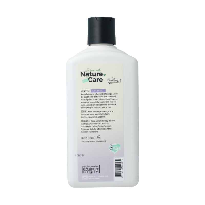 Nature Care Lavender Showergel in 500ml bottle, soothing bad en douche product with lavender scent and gentle cleansing action.