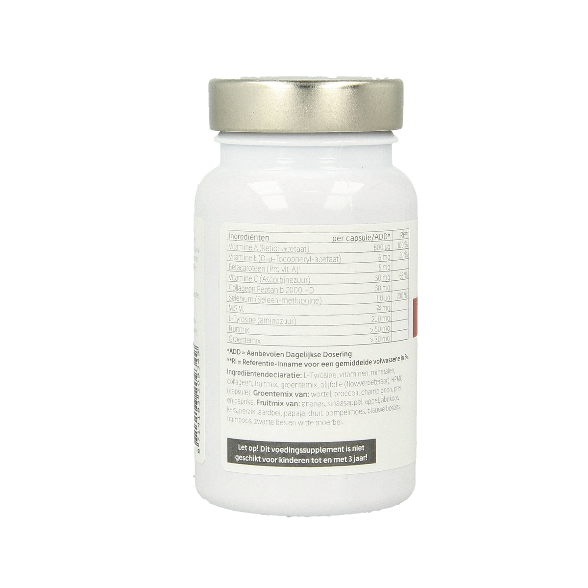 O' Zoleil Bruinings vegetarian multivitamin capsules in a bottle, showing the capsules and label details.