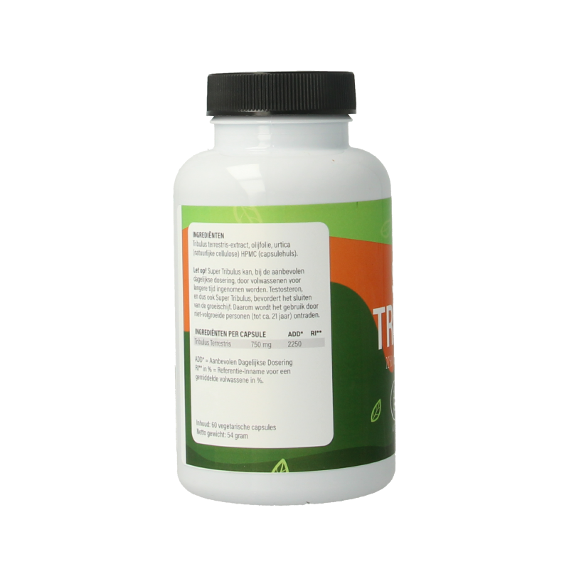 Nutriforce Super Tribulus capsules in a bottle, herbal supplement for natural wellness, featuring green packaging and capsule contents.