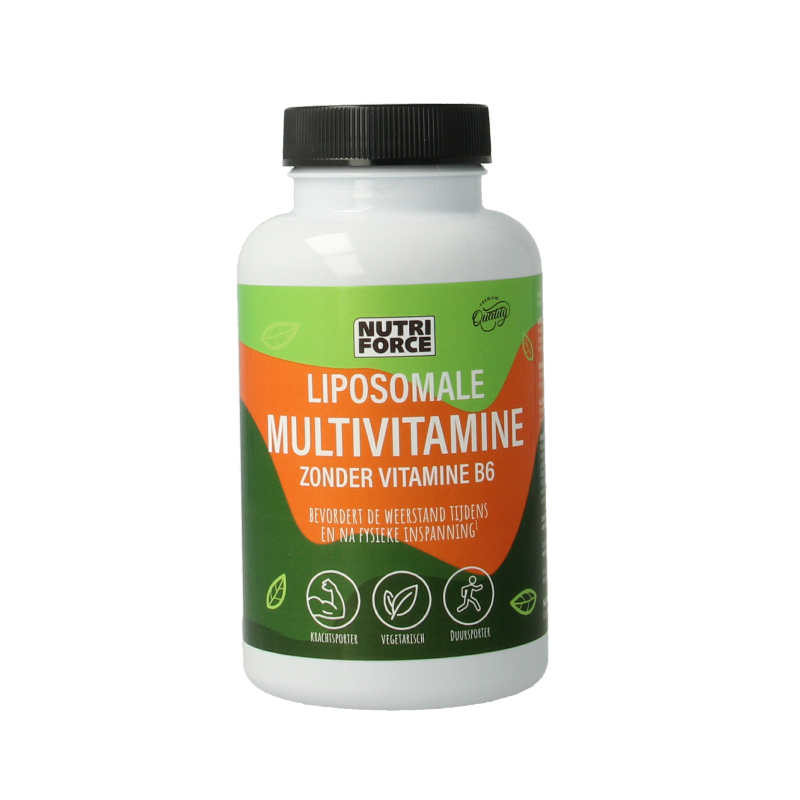 Nutriforce Liposomale multivitamine zonder vitamine B6 in 90 vegetarische capsules, dietary supplement with colorful capsules visible