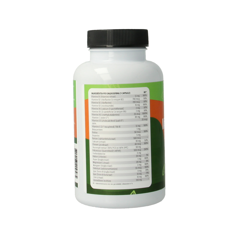 Nutriforce Liposomale multivitamine zonder vitamine B6 in 90 vegetarische capsules, dietary supplement with colorful capsule image.