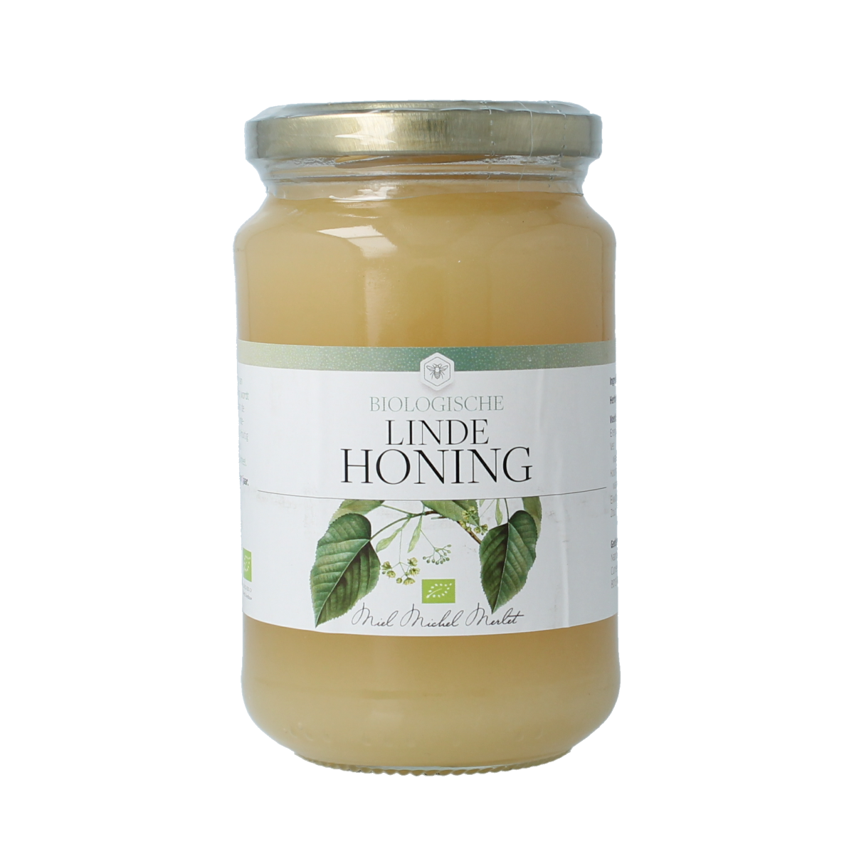 Michel Merlet Linde honing bio, 500g jar of natural organic honing with a label and lid, displayed on a plain background.