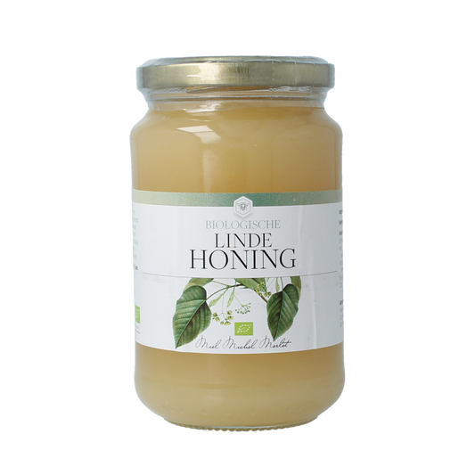 Michel Merlet Linde honing bio, 500g jar of natural organic honing with a label and lid, displayed on a plain background.