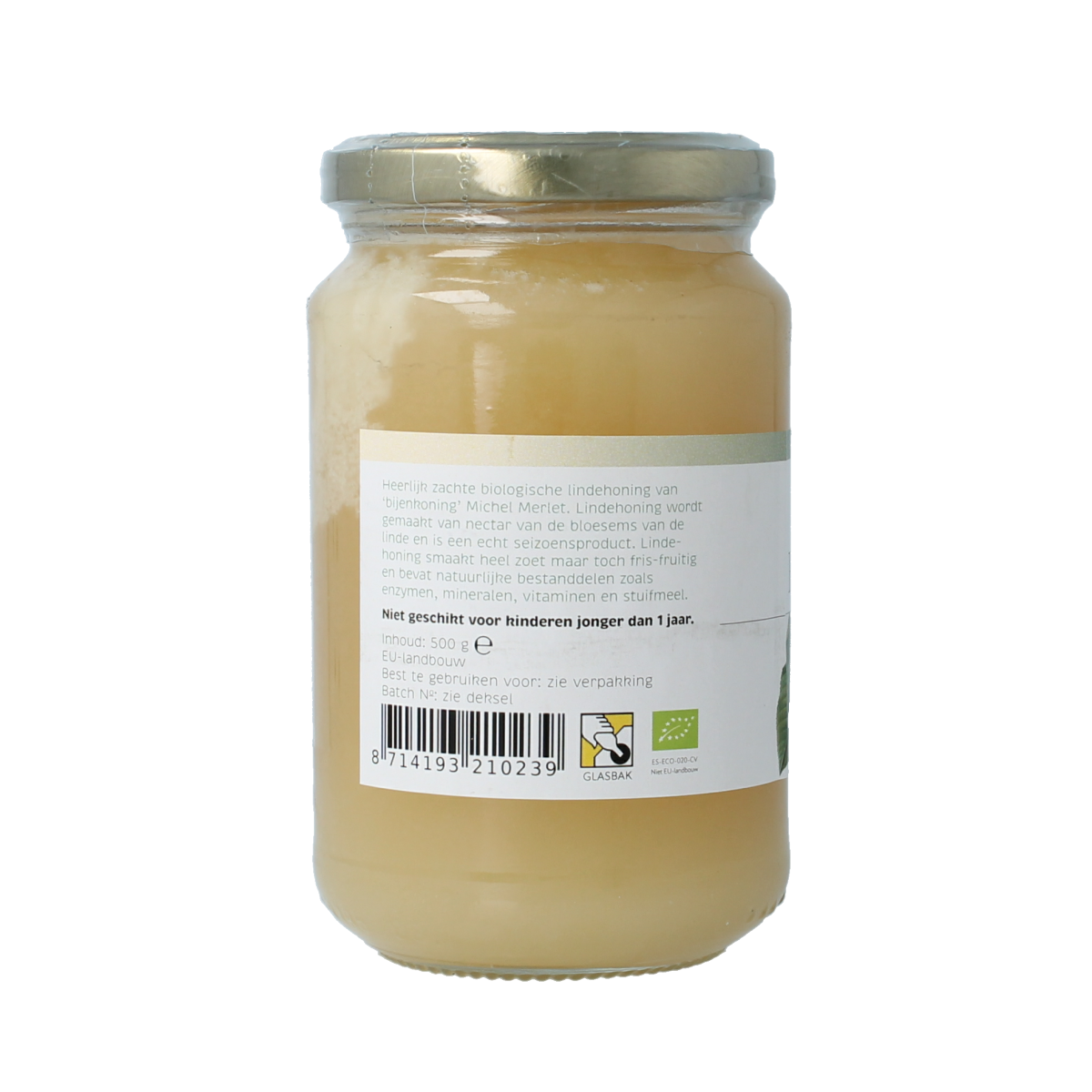 Michel Merlet Linde Honing bio 500g jar showing natural honey with a golden hue and textured surface.