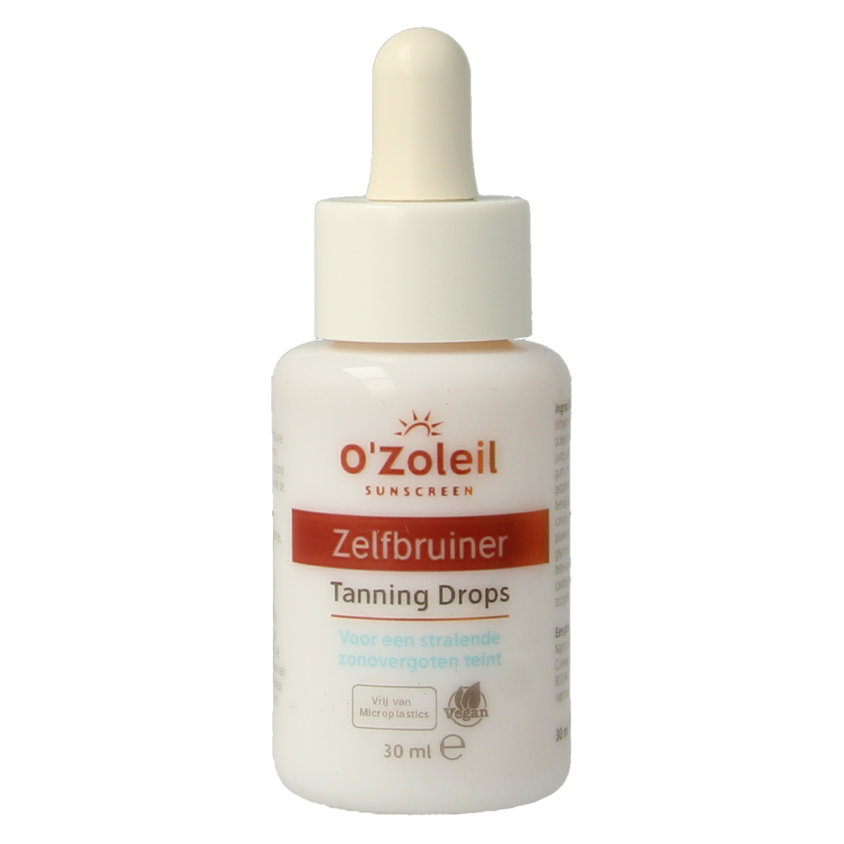 O' Zoleil tanning drops 30ml in a clear bottle, designed for sunless tanning, with a dropper cap and amber-colored liquid inside.