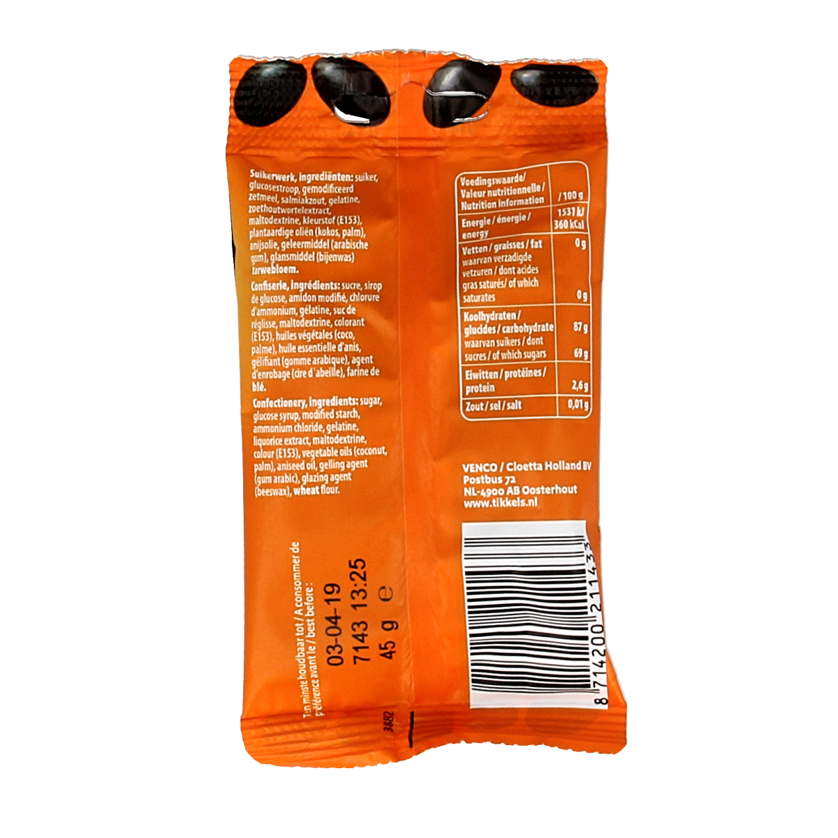 Venco Tikkels drop in a 45g package, colorful chewy candy from the Venco snoepgoed collection.