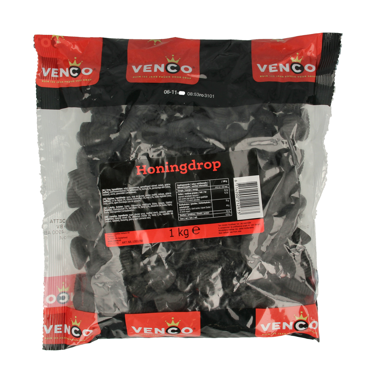 Assorted Pick & Mix Honingdrop candies in a 1kg bag, colorful snoepgoed with honey-flavored drops and chewy textures.