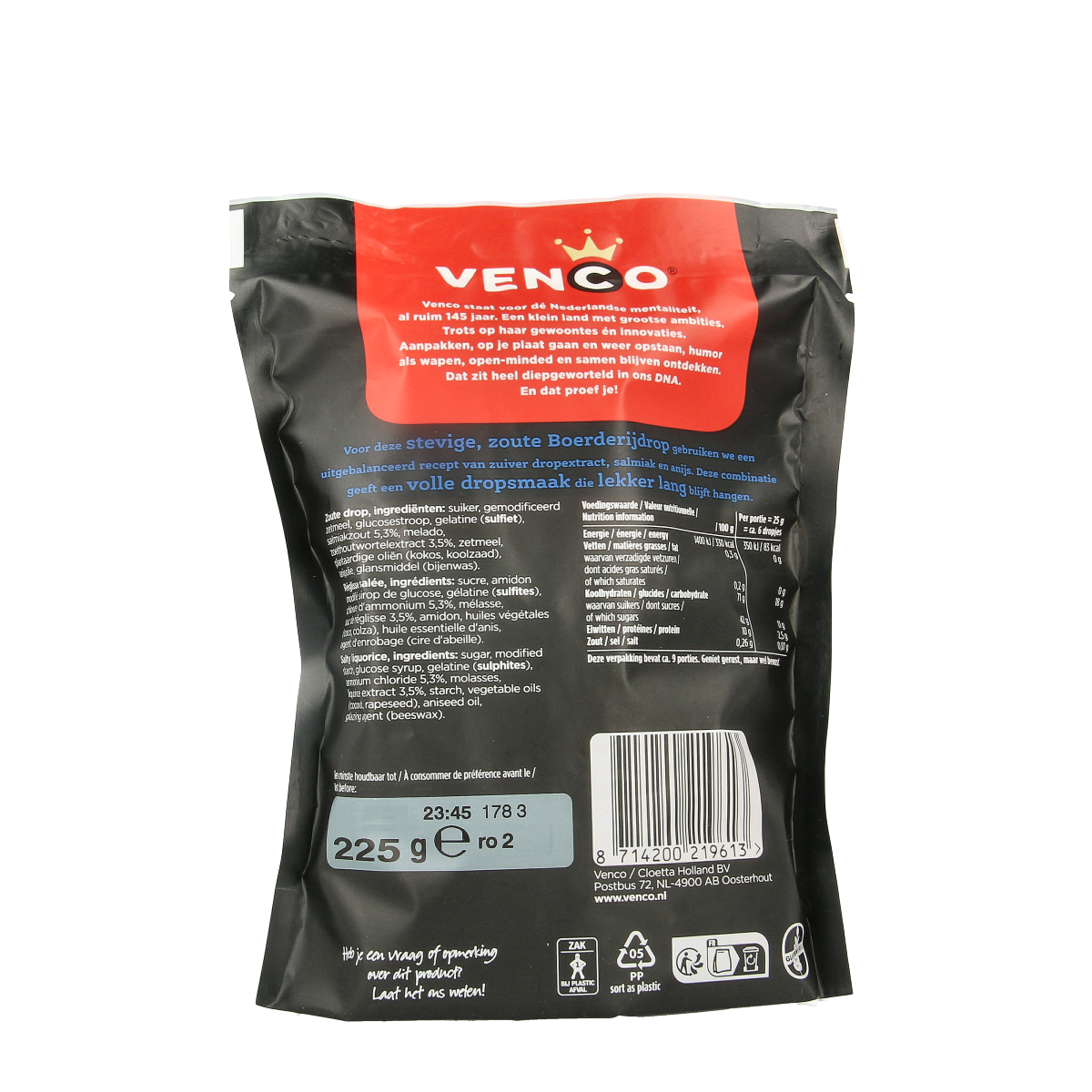 Venco Boerderijdrop candy in 225g package, colorful Dutch snoepgoed with assorted fruit flavors, shown in the image.