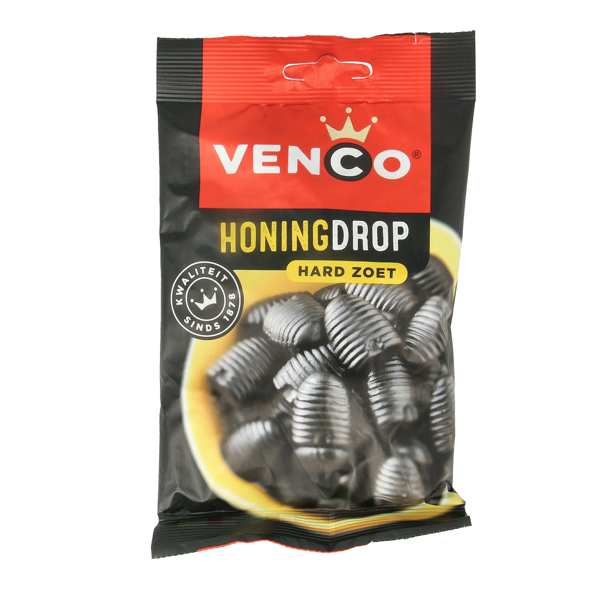 Venco Honingdrop snoepgoed in 120g package with honey-flavored candies and vibrant packaging.