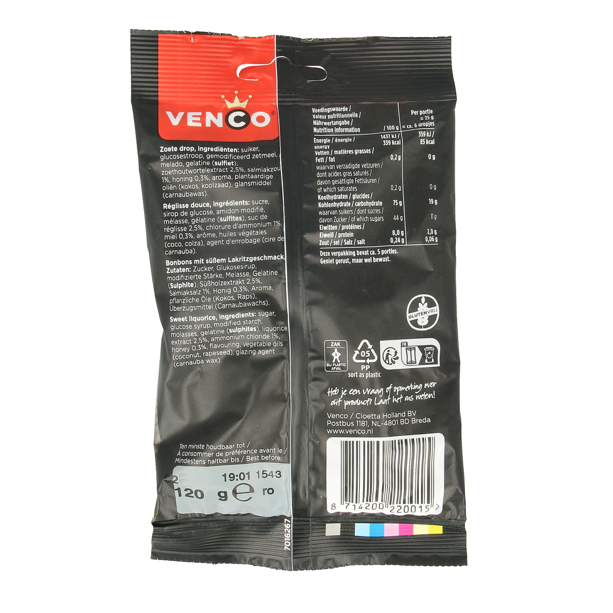 Venco Honingdrop snoepgoed in 120g package, golden honey-flavored candies with a glossy finish.