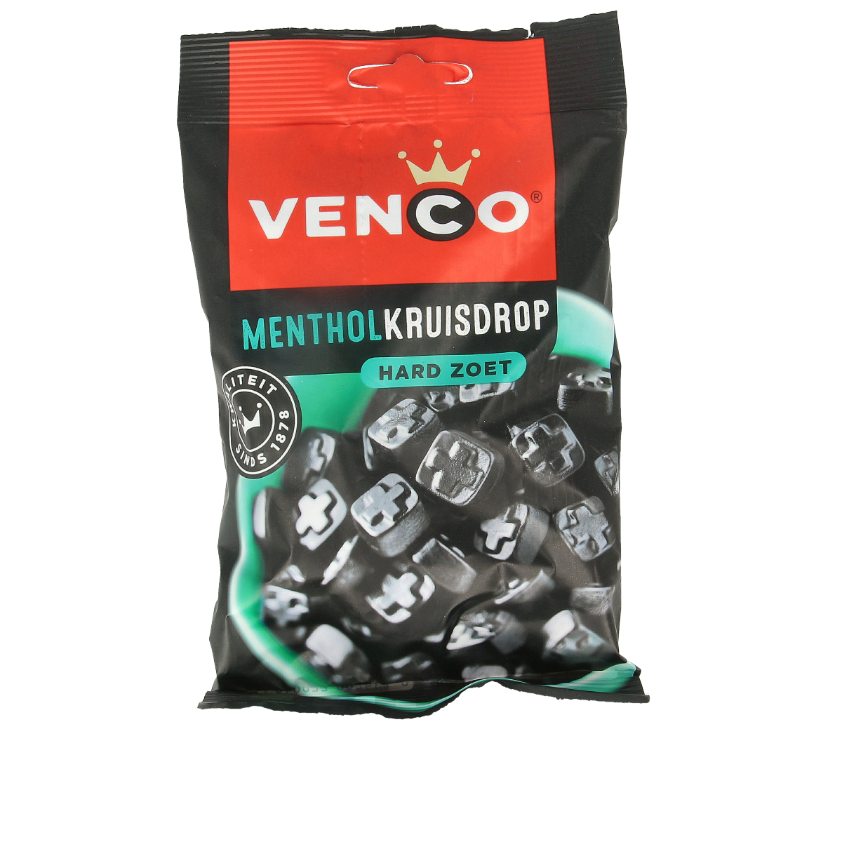 Venco Menthol kruisdrop snoepgoed in 120g package showing colorful licorice candies with menthol flavor