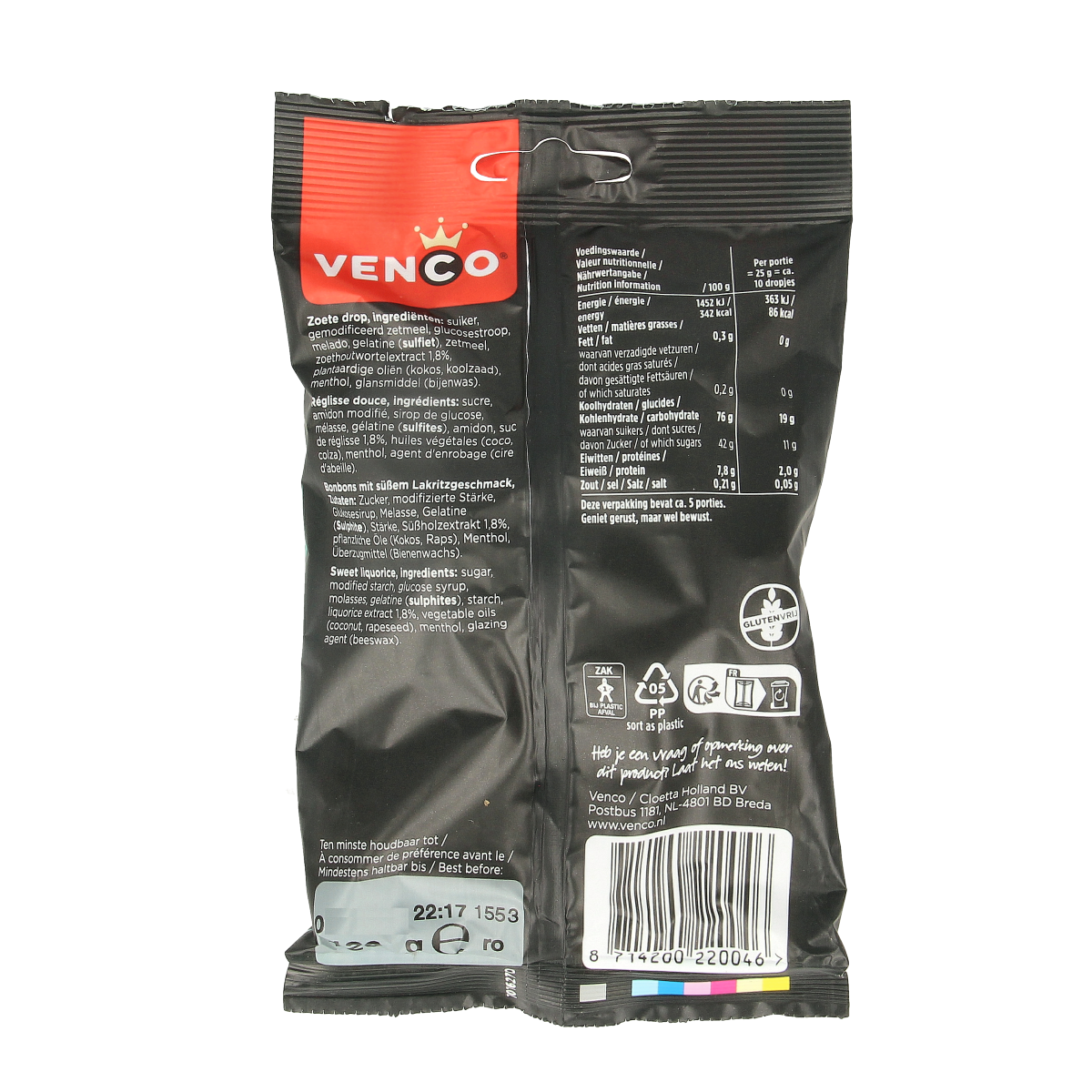 Venco Menthol kruisdrop candy in 120g package, showing colorful licorice sticks with mint flavor, on a white background.