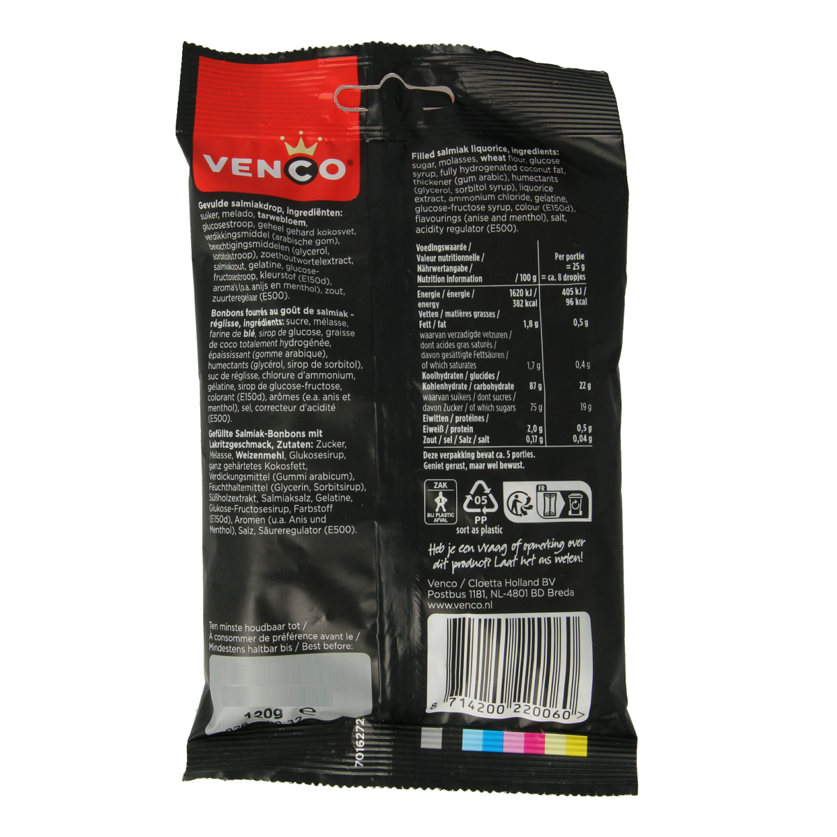 Venco Schoolkrijt snoepgoed in 120g package, colorful chalk-shaped sweets with a nostalgic candy appearance.