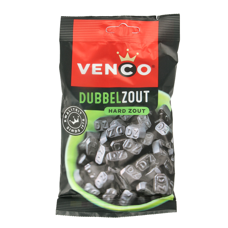 Venco Dubbel Zoute Drop candy in a 120g bag, showing glossy black and brown salty licorice pieces on a white background.