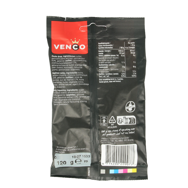 Venco Dubbel Zoute Drop candy in 120 gram package, showing black and salt-coated licorice pieces.