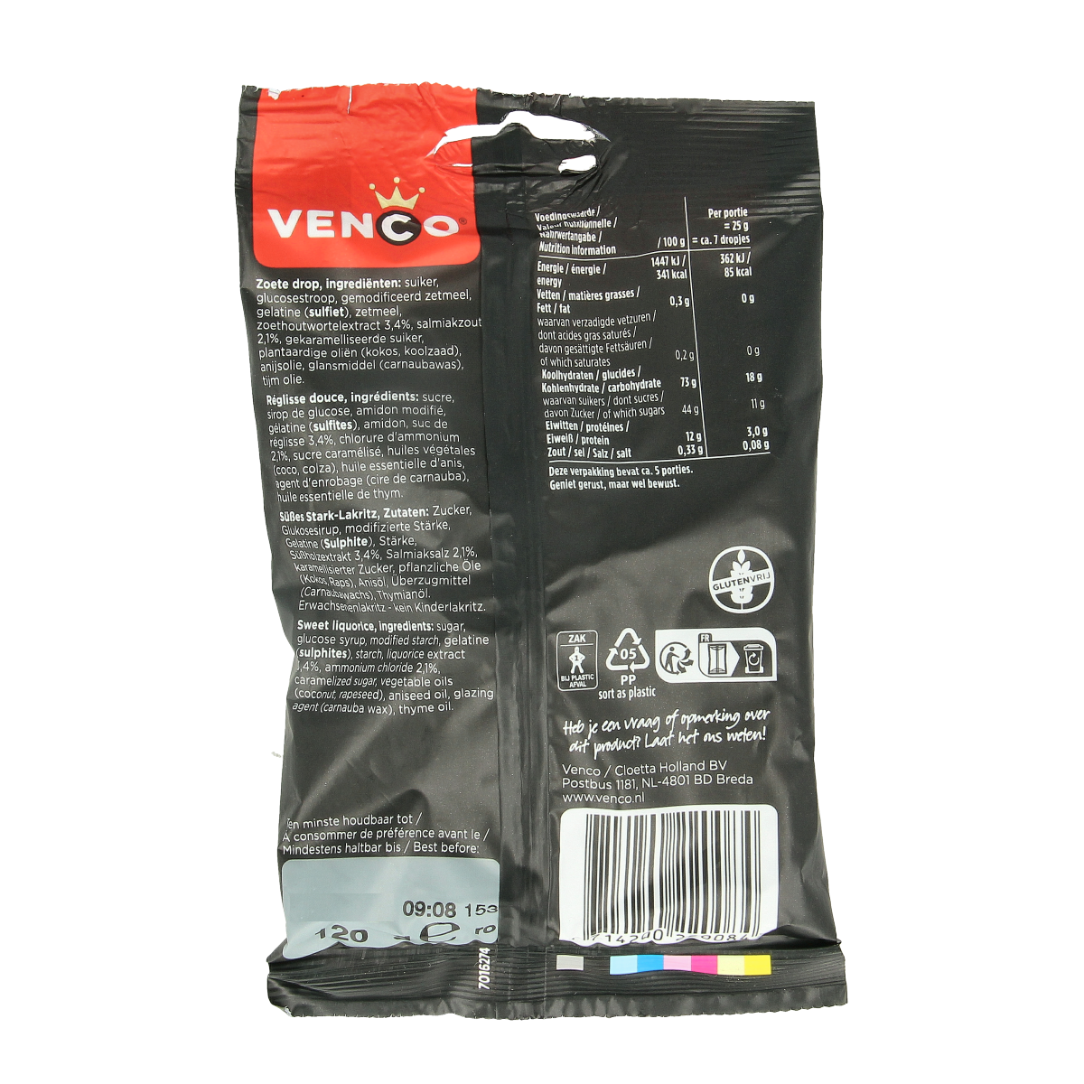 Venco Muntendrop snoepgoed in 120g bag, colorful chewy candies with mint flavor, displayed in clear packaging.
