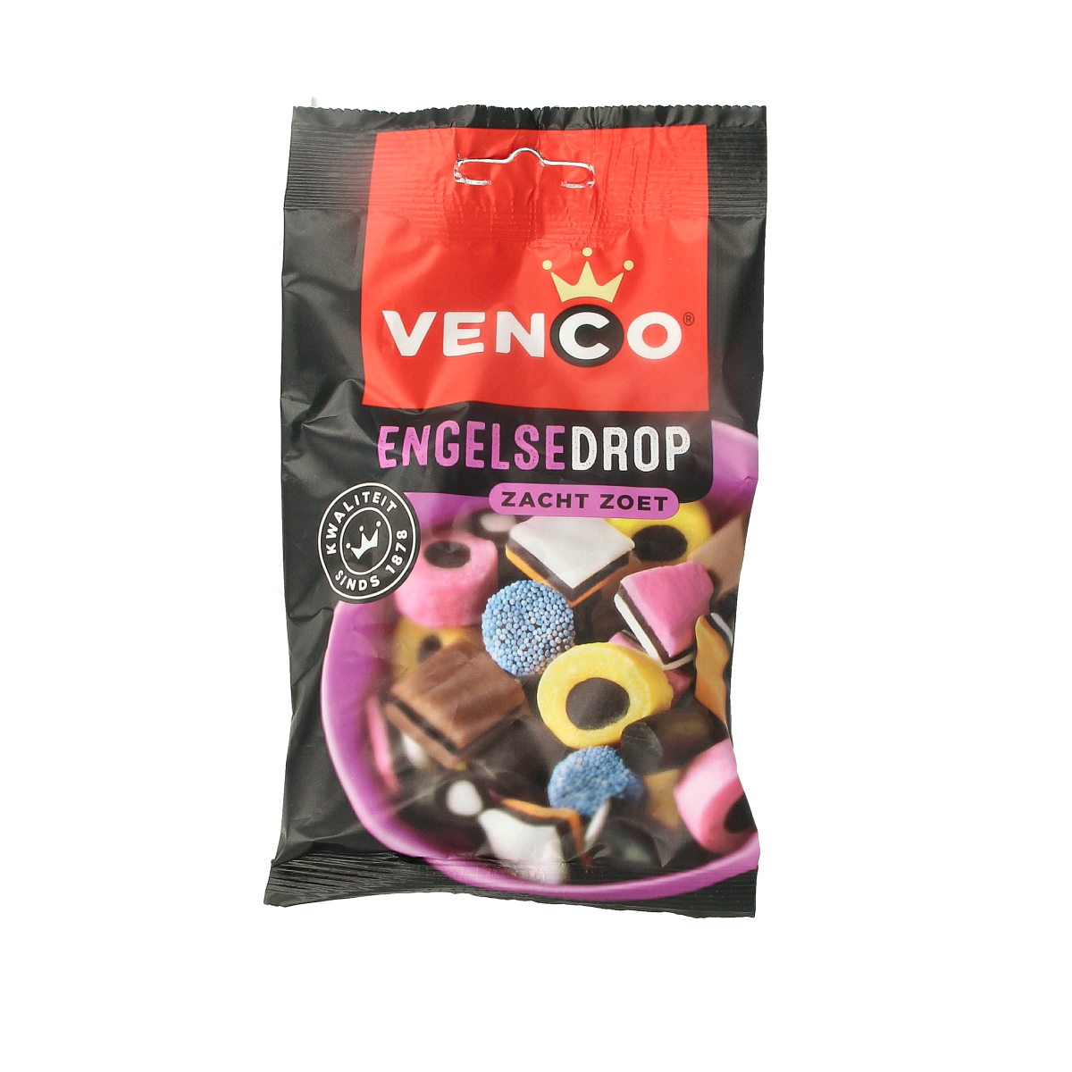 Venco Engelse drop snoepgoed in 100g bag, showing colorful licorice candies from the Venco brand.