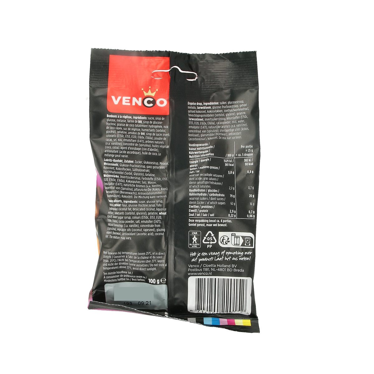Venco Engelse drop snoepgoed in 100g packet, soft licorice candies with a dark color and chewy texture.