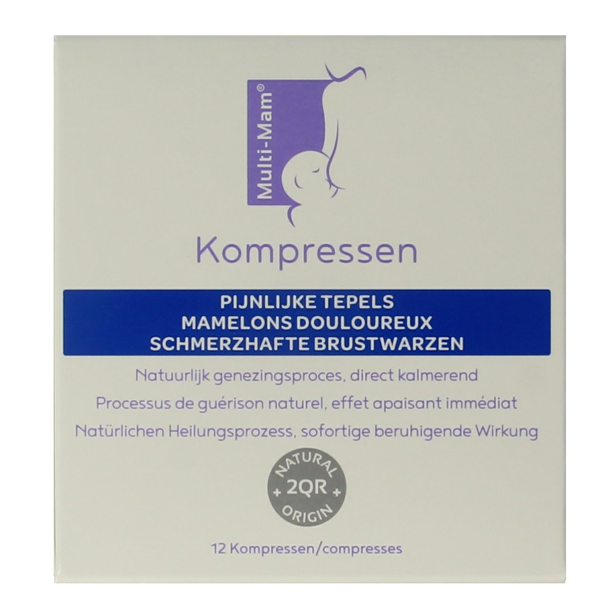 Multi GYN Multi-mam compresses for postpartum care, shown in a box with 12 absorbent pads for breastfeeding and recovery.