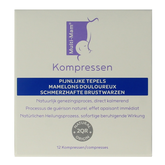 Multi GYN Multi-mam compresses for postpartum care, shown in a box with 12 absorbent pads for breastfeeding and recovery.