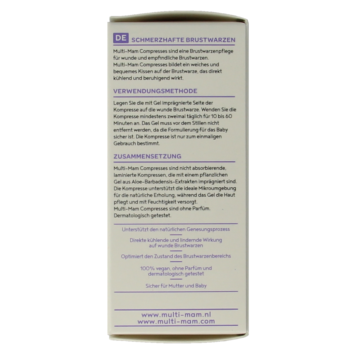 Multi GYN Multi-mam postpartum compresses for breastfeeding, shown in a box, used during kraamtijd recovery and care.
