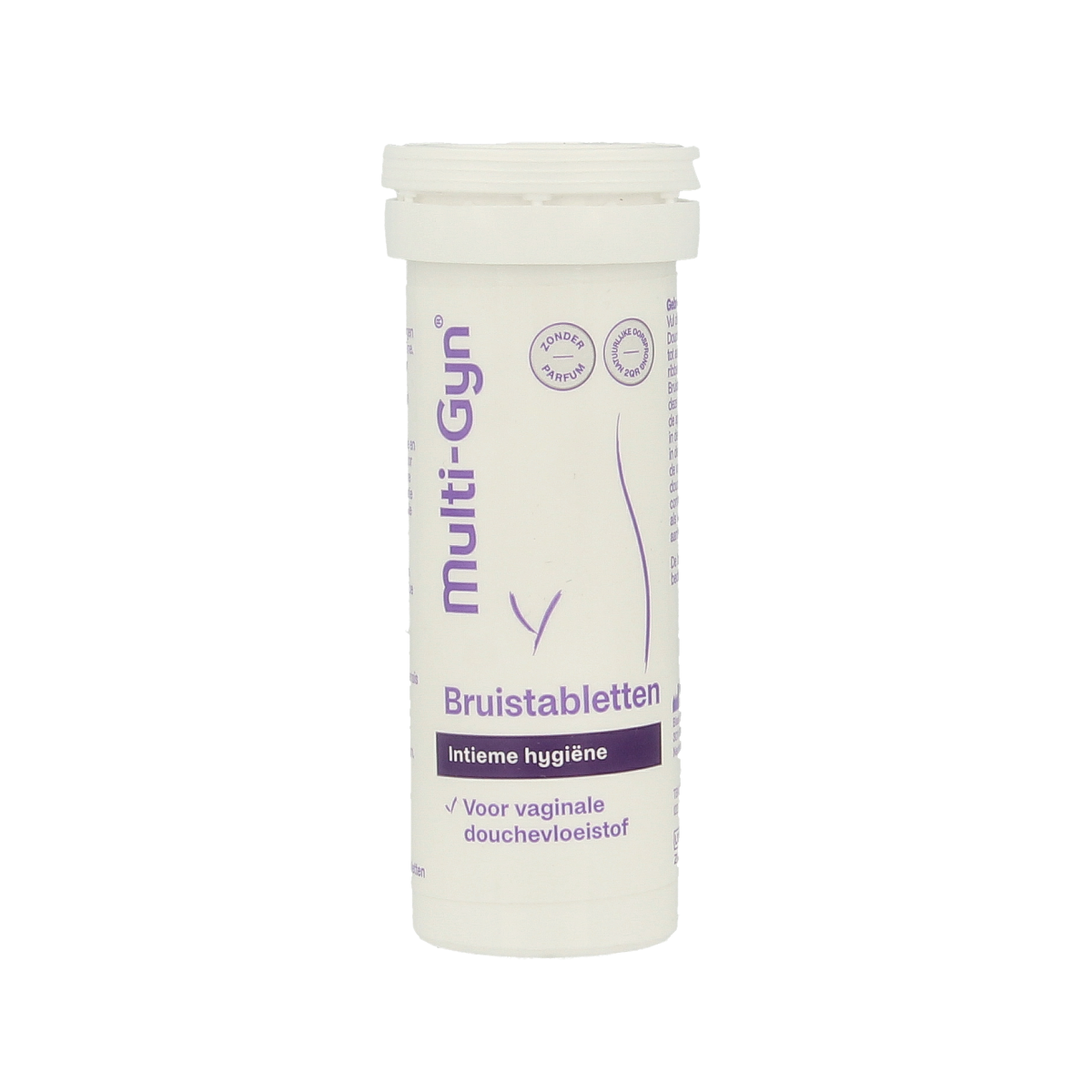 Multi GYN Bruistabletten for intimate hygiene, 10 effervescent tablets in a clean, white packaging with blue accents.