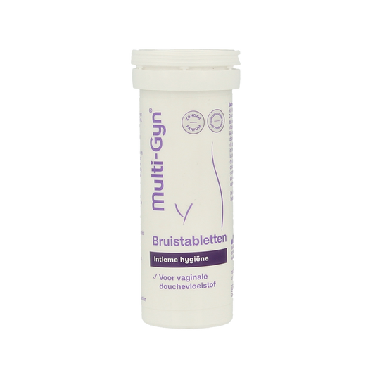 Multi GYN Bruistabletten for intimate hygiene, 10 effervescent tablets in a clean, white packaging with blue accents.