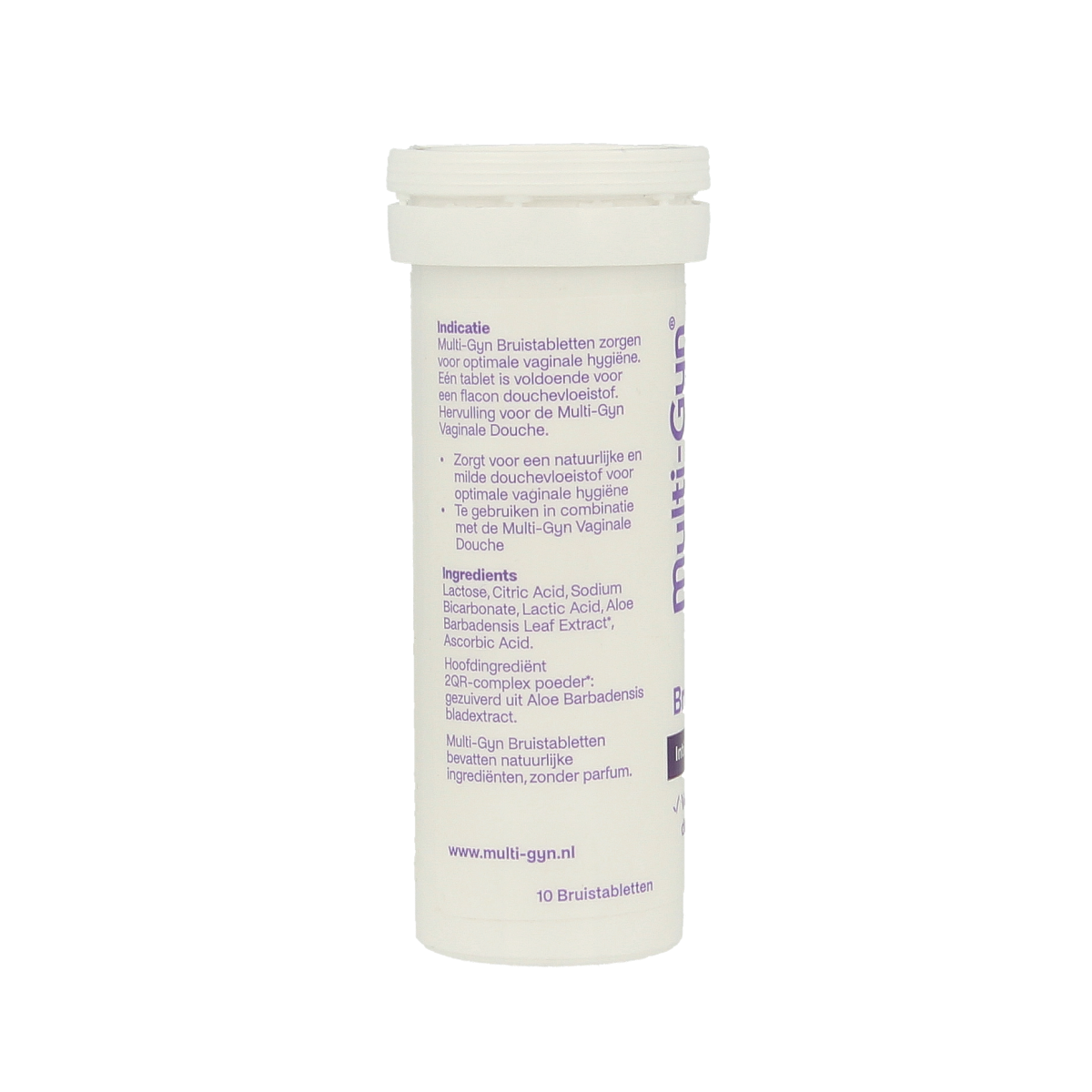 Multi GYN Bruistabletten for intimate hygiene, showing the 10-piece box of effervescent tablets in a clear container.