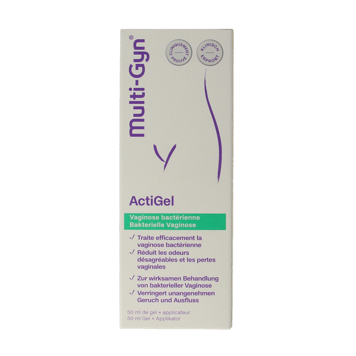 Multi GYN Gel actigel 50ml for body care, showing the tube with packaging and product branding.