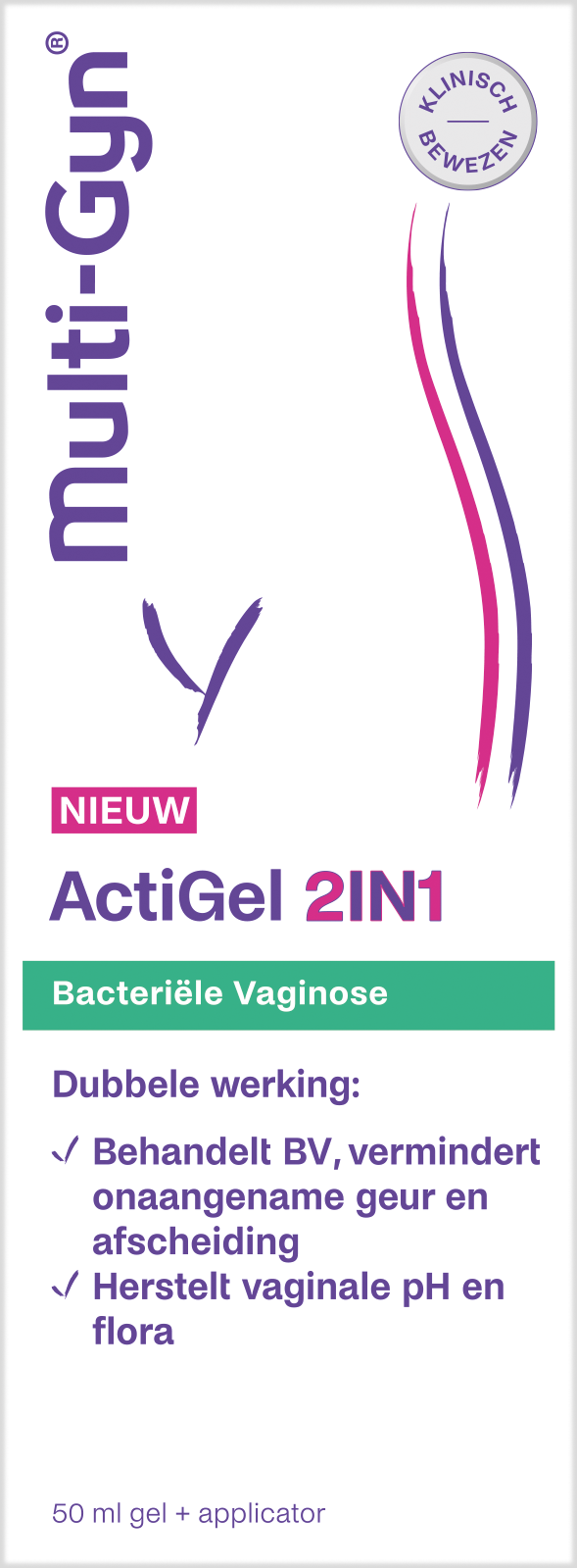 Multi GYN Actigel 2in1 dameshygiëne gel in 50ml tube, designed for feminine hygiene and comfort.